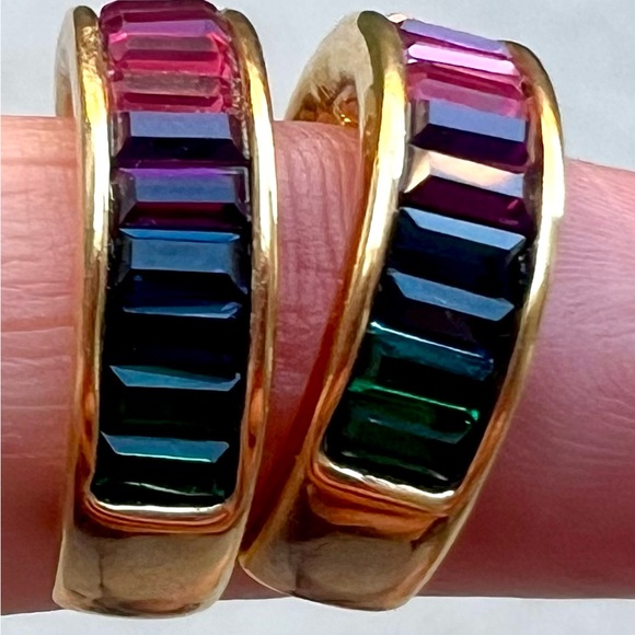 Vintage Roman Rainbow Crystal Half Hoop Earrings Gold Tone - Picture 2 of 5